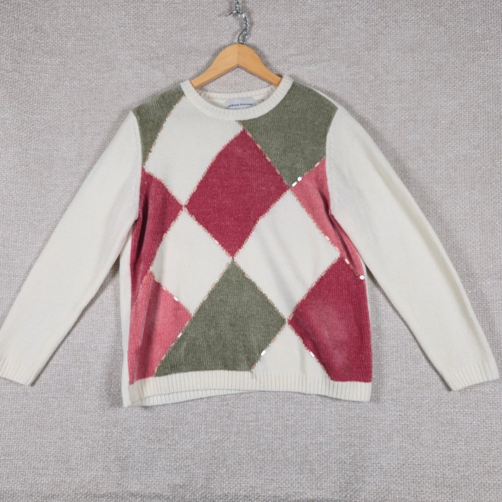 Alfred Dunner Womens‎ Medium Argyle Sequin Textured Knit Sweater Cream Red Green